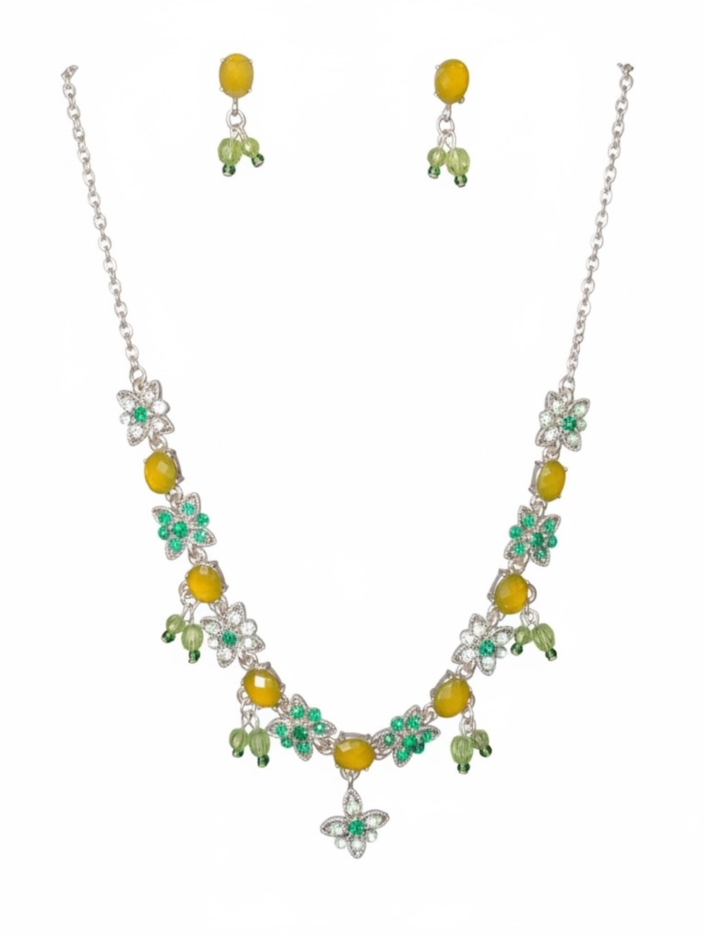 Vintage Green and Yellow Floral Austrian Crystal Necklace & Earring Set